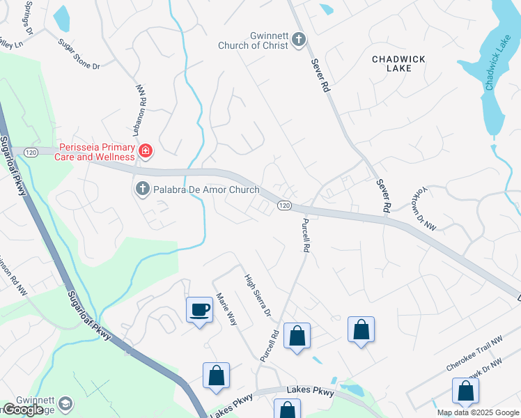 map of restaurants, bars, coffee shops, grocery stores, and more near 1747 Sweet Blossom Trail in Lawrenceville