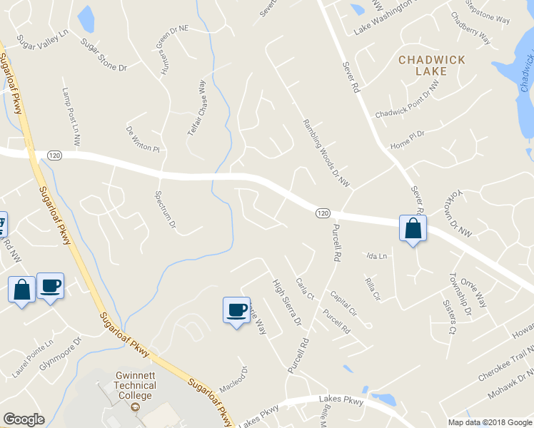 map of restaurants, bars, coffee shops, grocery stores, and more near 1539 Creek Bend Lane Northwest in Lawrenceville