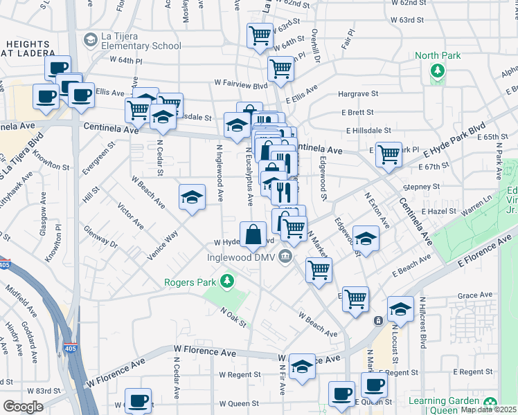map of restaurants, bars, coffee shops, grocery stores, and more near 746 North Eucalyptus Avenue in Inglewood