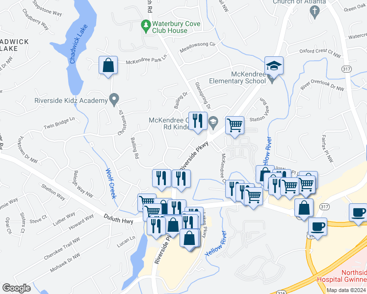 map of restaurants, bars, coffee shops, grocery stores, and more near 985 Bass Court North in Lawrenceville