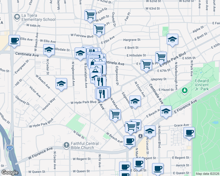 map of restaurants, bars, coffee shops, grocery stores, and more near 720 North Market Street in Inglewood
