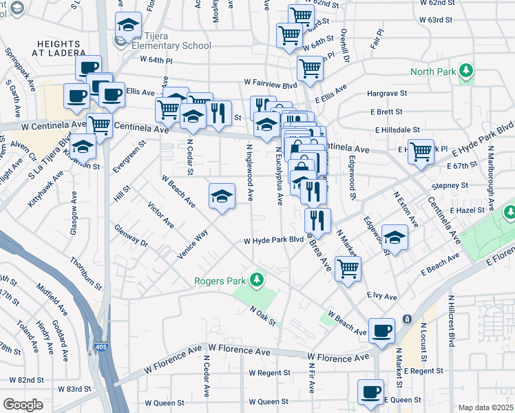 map of restaurants, bars, coffee shops, grocery stores, and more near 750 North Inglewood Avenue in Inglewood