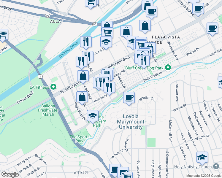 map of restaurants, bars, coffee shops, grocery stores, and more near 6030 South Seabluff Drive in Los Angeles