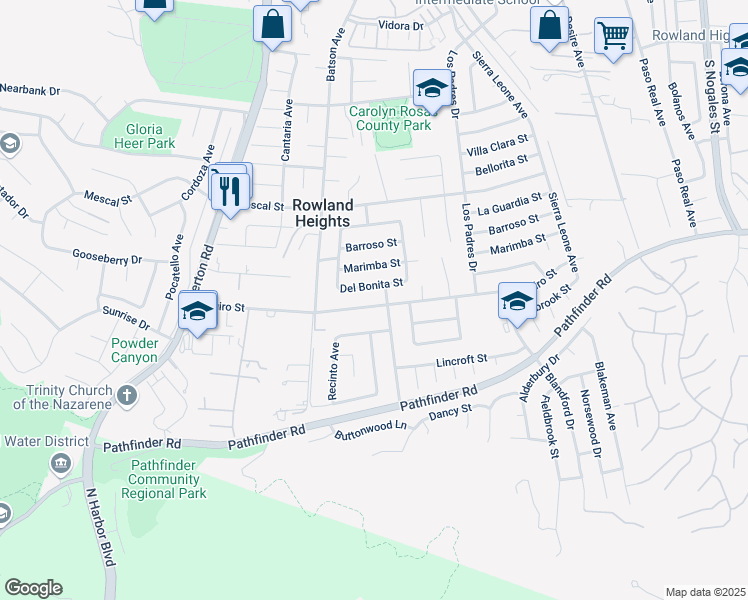 map of restaurants, bars, coffee shops, grocery stores, and more near 18479 Aguiro Street in Rowland Heights