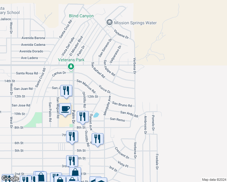 map of restaurants, bars, coffee shops, grocery stores, and more near 66759 San Rafael Road in Desert Hot Springs