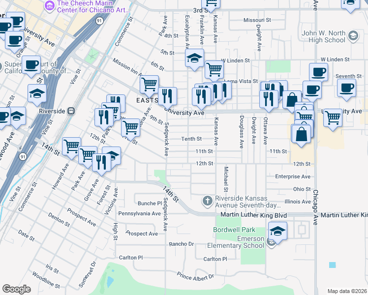 map of restaurants, bars, coffee shops, grocery stores, and more near 2314 Tenth Street in Riverside