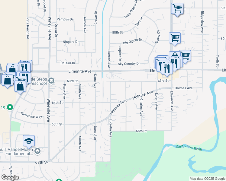 map of restaurants, bars, coffee shops, grocery stores, and more near 6308 Lucretia Avenue in Jurupa Valley