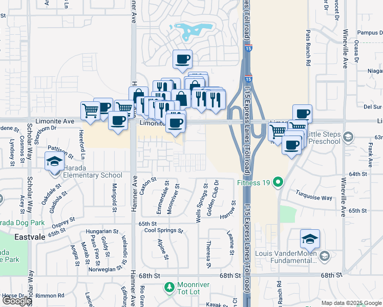 map of restaurants, bars, coffee shops, grocery stores, and more near 12354 Limonite Avenue in Eastvale