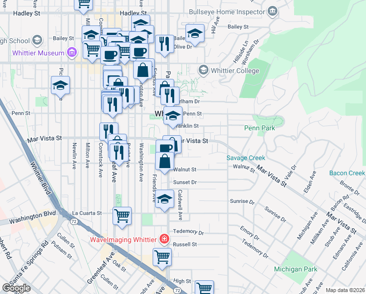 map of restaurants, bars, coffee shops, grocery stores, and more near in Whittier