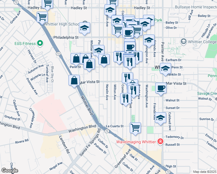 map of restaurants, bars, coffee shops, grocery stores, and more near 7601 Newlin Avenue in Whittier
