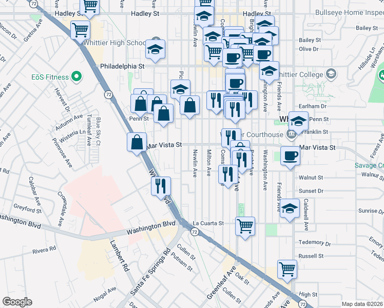 map of restaurants, bars, coffee shops, grocery stores, and more near in Whittier
