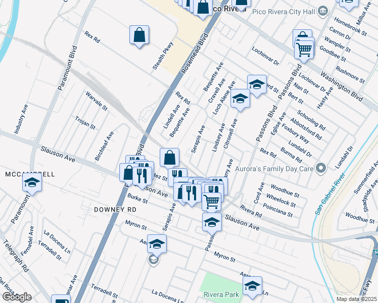 map of restaurants, bars, coffee shops, grocery stores, and more near 7521 Serapis Avenue in Pico Rivera