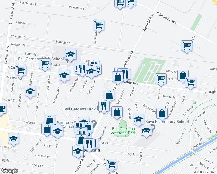 map of restaurants, bars, coffee shops, grocery stores, and more near 6350 Gage Avenue in Bell Gardens