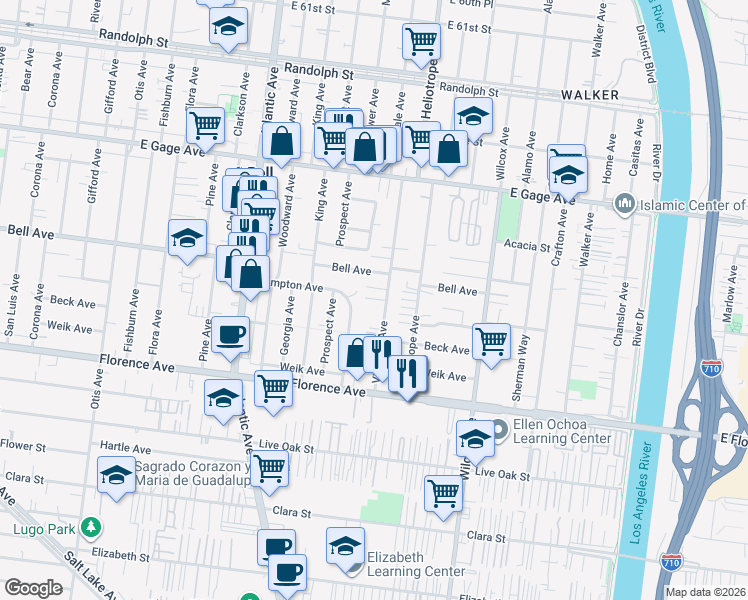 map of restaurants, bars, coffee shops, grocery stores, and more near 4724 Bell Avenue in Bell