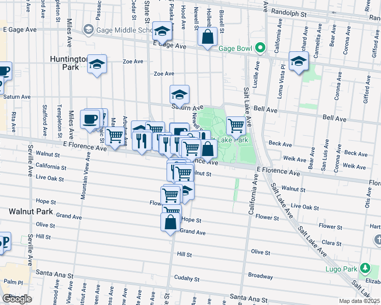map of restaurants, bars, coffee shops, grocery stores, and more near 7112 Hood Avenue in Huntington Park