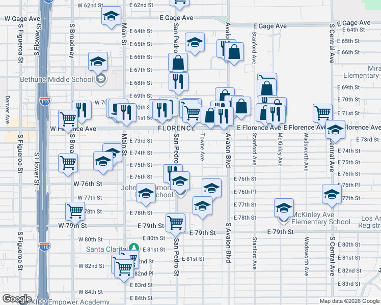 map of restaurants, bars, coffee shops, grocery stores, and more near 1947 East 74th Street in Los Angeles