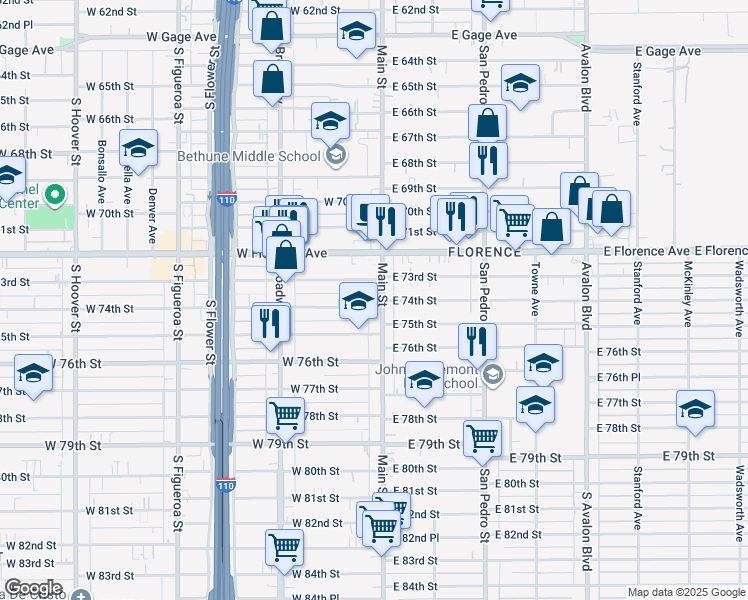 map of restaurants, bars, coffee shops, grocery stores, and more near 126 West 73rd Street in Los Angeles