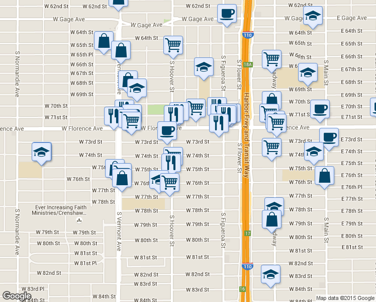 map of restaurants, bars, coffee shops, grocery stores, and more near 652 West 73rd Street in Los Angeles