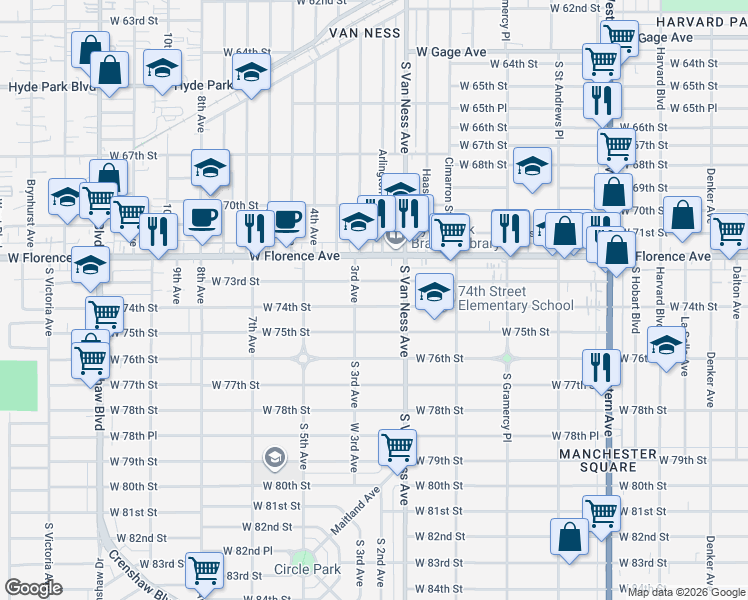 map of restaurants, bars, coffee shops, grocery stores, and more near 2216 West 73rd Street in Los Angeles