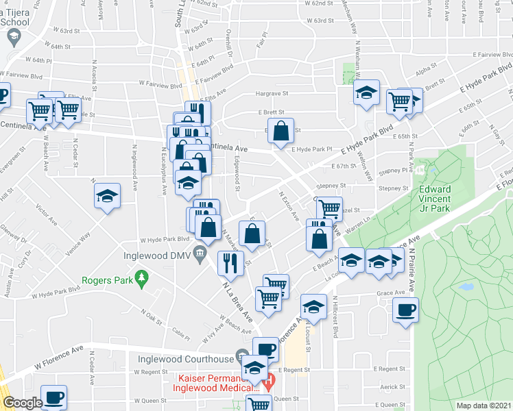 map of restaurants, bars, coffee shops, grocery stores, and more near 324 East Hyde Park Boulevard in Inglewood