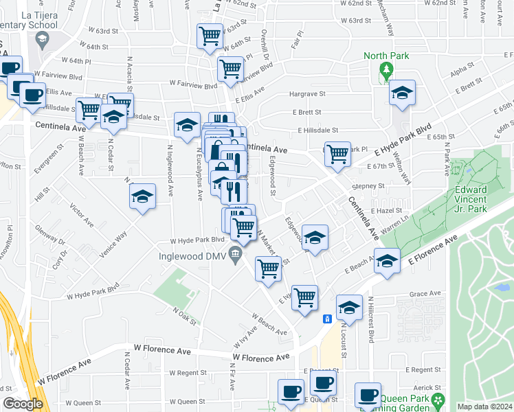 map of restaurants, bars, coffee shops, grocery stores, and more near 804 North Market Street in Inglewood