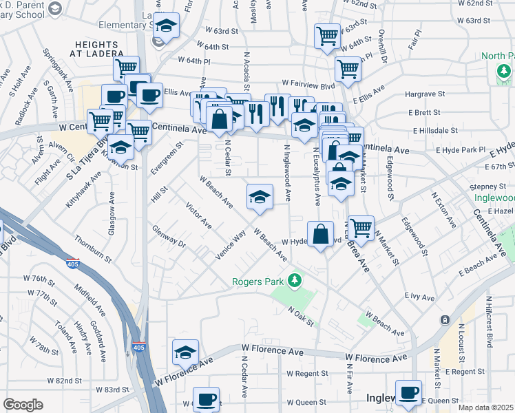 map of restaurants, bars, coffee shops, grocery stores, and more near 830 North Acacia Street in Inglewood