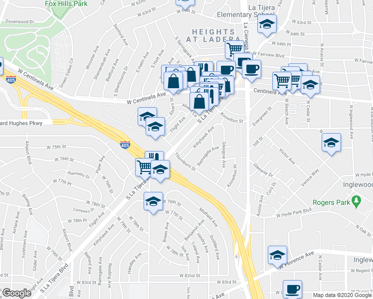map of restaurants, bars, coffee shops, grocery stores, and more near 7110 La Tijera Boulevard in Los Angeles