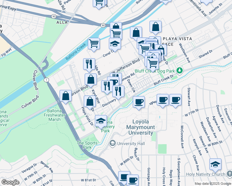 map of restaurants, bars, coffee shops, grocery stores, and more near 6020 South Seabluff Drive in Los Angeles