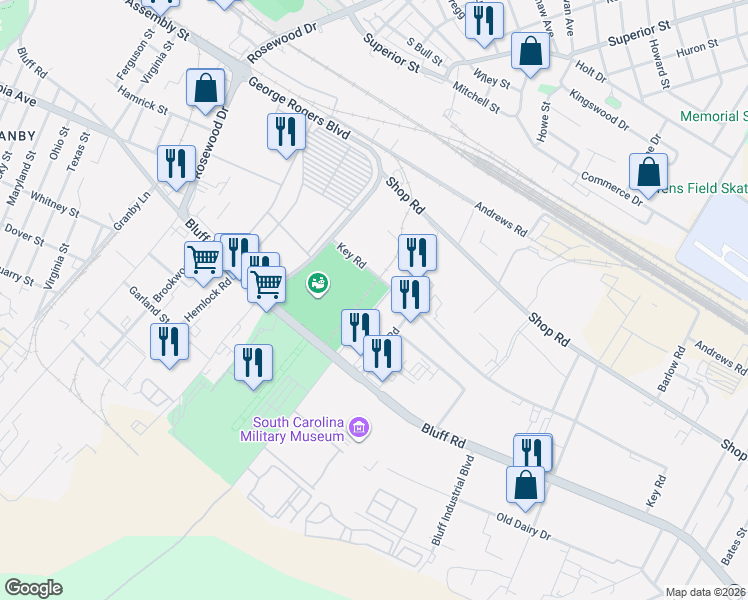 map of restaurants, bars, coffee shops, grocery stores, and more near 59 Key Road in Columbia