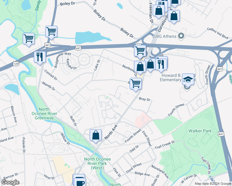map of restaurants, bars, coffee shops, grocery stores, and more near 160 Wynter Court in Athens