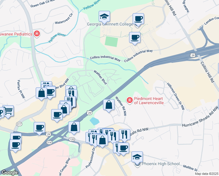 map of restaurants, bars, coffee shops, grocery stores, and more near 855 Walther Boulevard in Lawrenceville