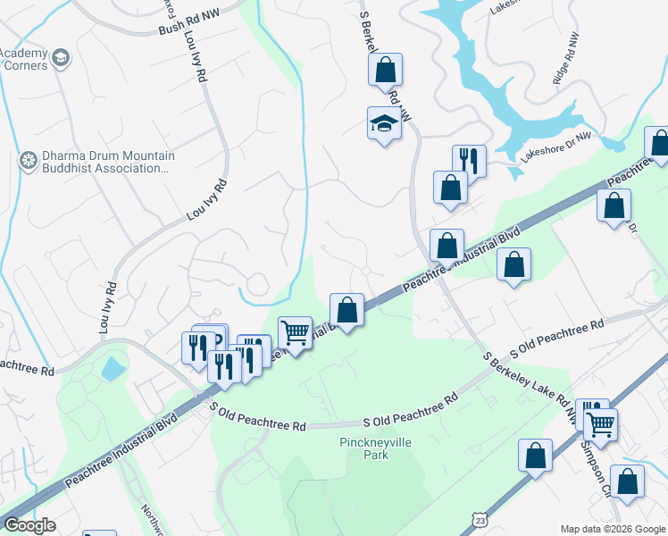 map of restaurants, bars, coffee shops, grocery stores, and more near 4274 Balmoral Glen Drive in Norcross