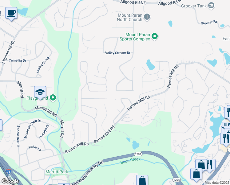 map of restaurants, bars, coffee shops, grocery stores, and more near 1502 Rockcrest Way in Marietta