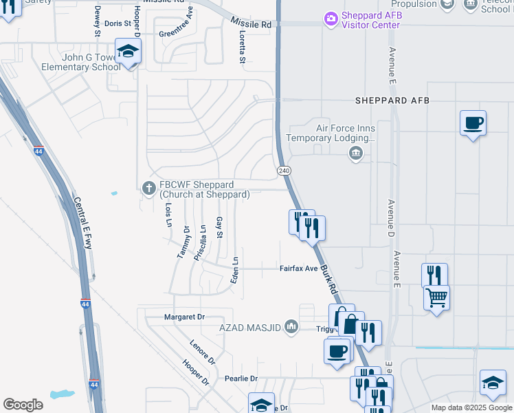 map of restaurants, bars, coffee shops, grocery stores, and more near 1501-1799 Puckett Road in Sheppard AFB