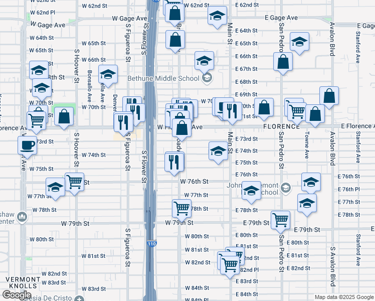 map of restaurants, bars, coffee shops, grocery stores, and more near 2431/2 West 74th Street in Los Angeles