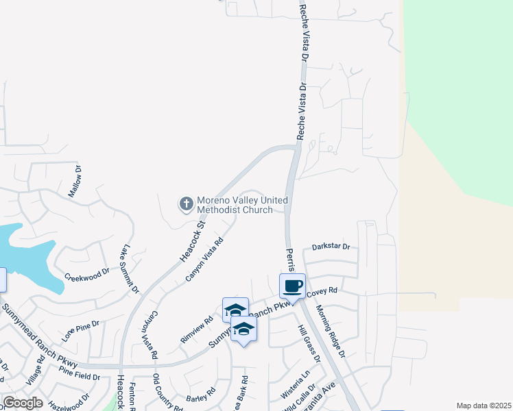 map of restaurants, bars, coffee shops, grocery stores, and more near 24414 Ranch View Circle in Moreno Valley