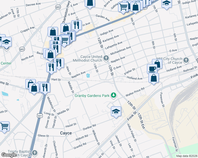 map of restaurants, bars, coffee shops, grocery stores, and more near 1302 O Avenue in Cayce