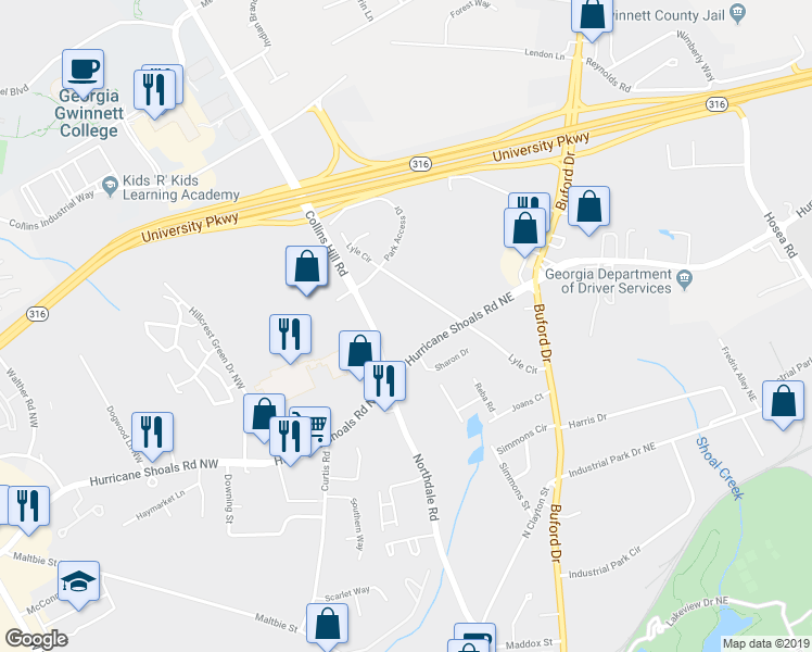map of restaurants, bars, coffee shops, grocery stores, and more near 651 Collins Hill Road in Lawrenceville