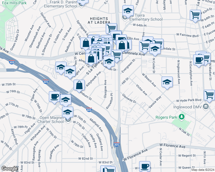 map of restaurants, bars, coffee shops, grocery stores, and more near 7030 Ramsgate Avenue in Los Angeles