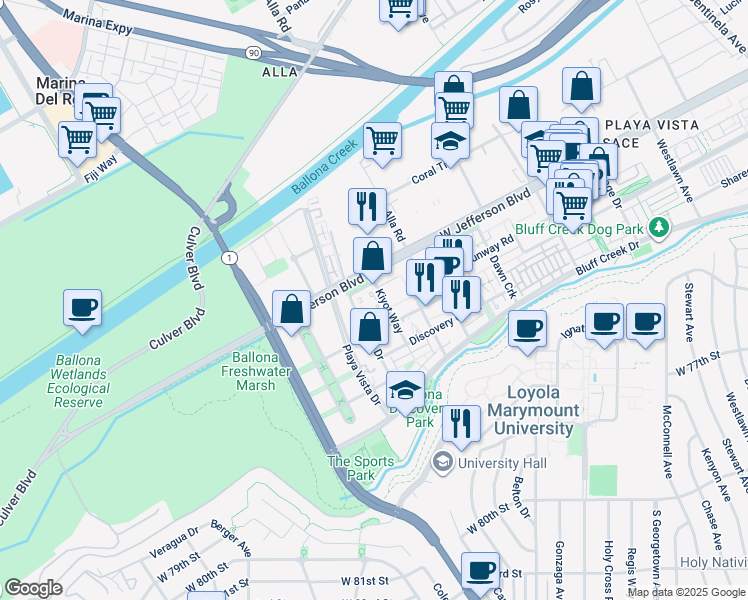 map of restaurants, bars, coffee shops, grocery stores, and more near 5801 Kiyot Way in Los Angeles