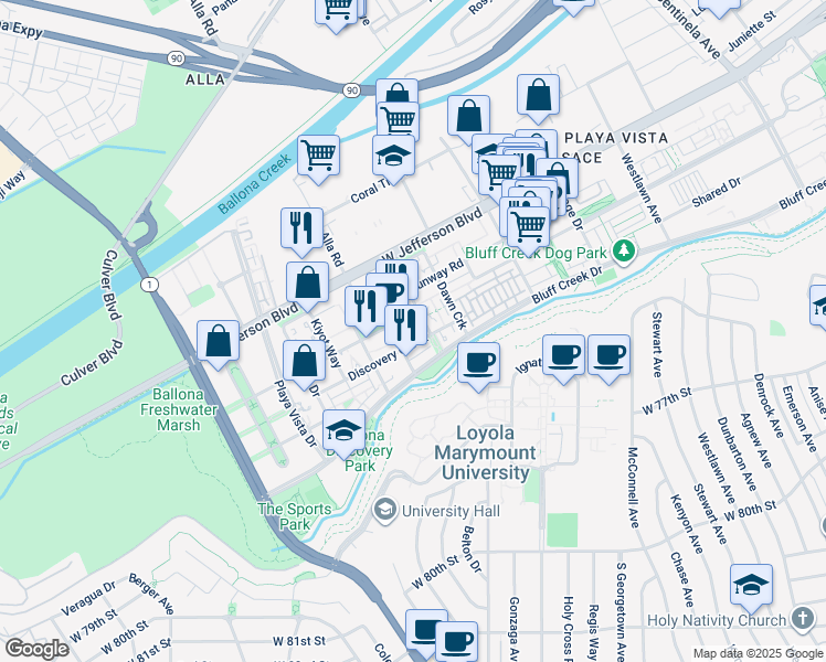map of restaurants, bars, coffee shops, grocery stores, and more near 6030 South Seabluff Drive in Los Angeles