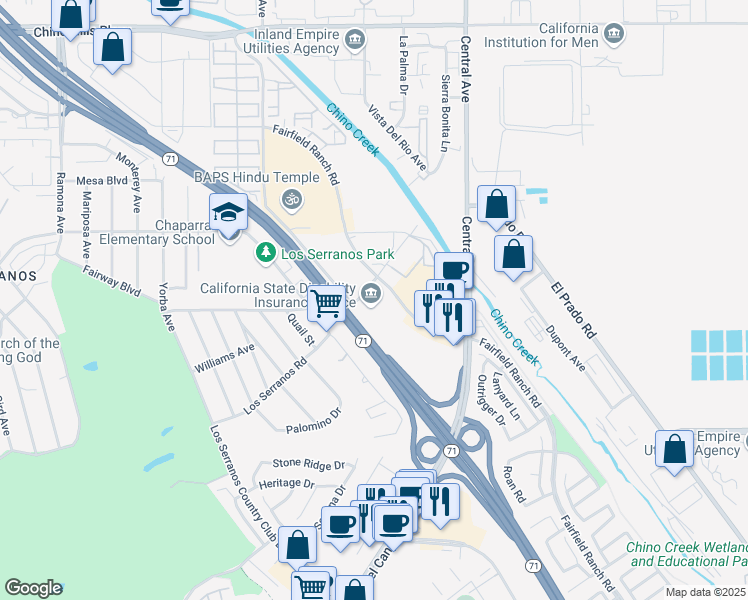 map of restaurants, bars, coffee shops, grocery stores, and more near 15315 Fairfield Ranch Road in Chino Hills