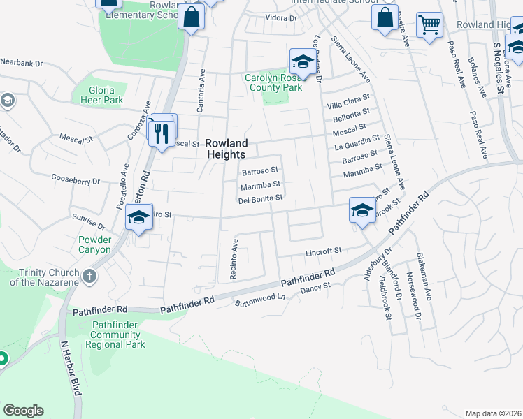 map of restaurants, bars, coffee shops, grocery stores, and more near 18479 Aguiro Street in Rowland Heights