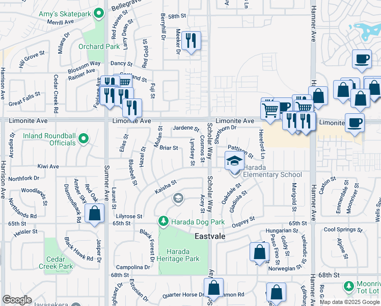 map of restaurants, bars, coffee shops, grocery stores, and more near 6294 Lyndsey Street in Corona