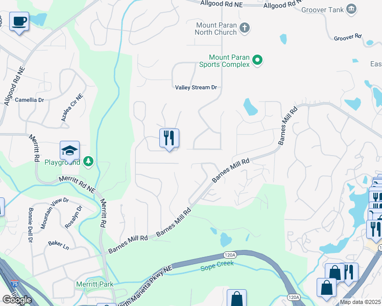 map of restaurants, bars, coffee shops, grocery stores, and more near 1502 Rockcrest Way in Marietta