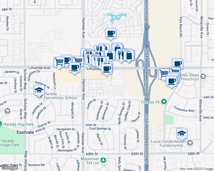 map of restaurants, bars, coffee shops, grocery stores, and more near 12464 Constellation Street in Eastvale