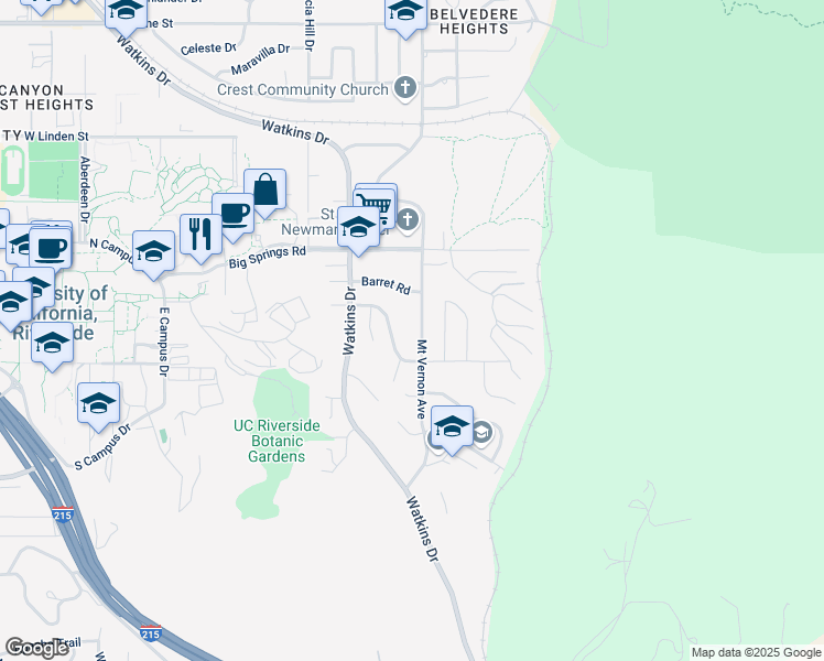 map of restaurants, bars, coffee shops, grocery stores, and more near 4008 Mount Vernon Avenue in Riverside