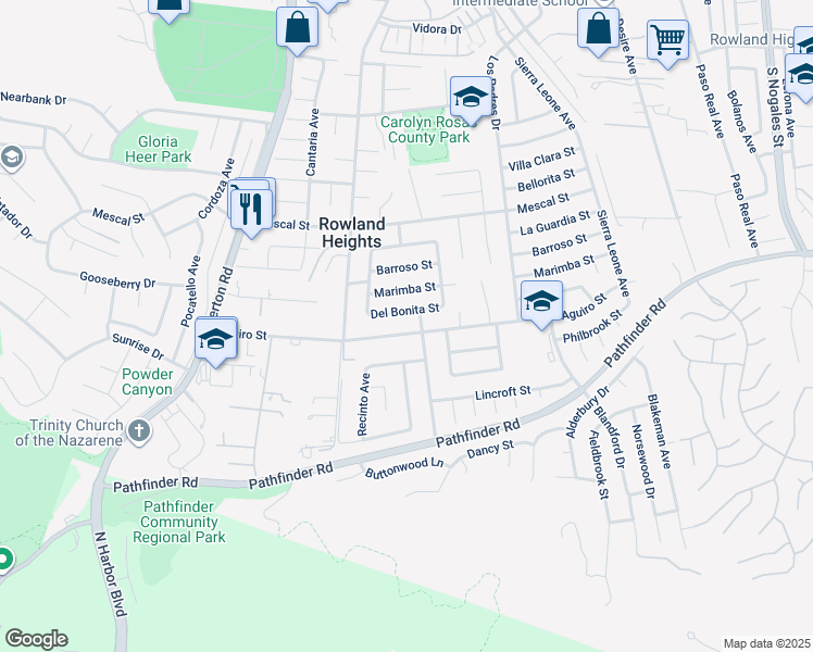map of restaurants, bars, coffee shops, grocery stores, and more near 18479 Aguiro Street in Rowland Heights