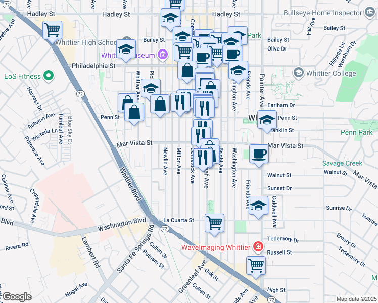 map of restaurants, bars, coffee shops, grocery stores, and more near 7617 Comstock Avenue in Whittier