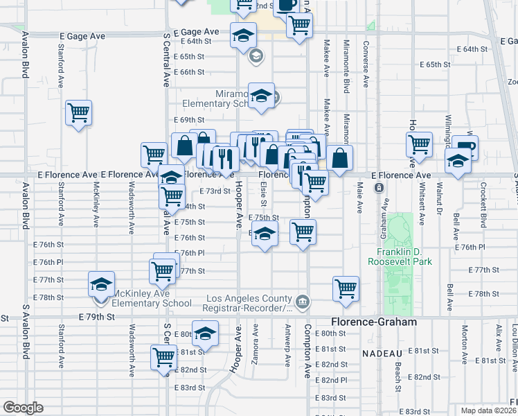 map of restaurants, bars, coffee shops, grocery stores, and more near 7411 Elsie Street in Los Angeles
